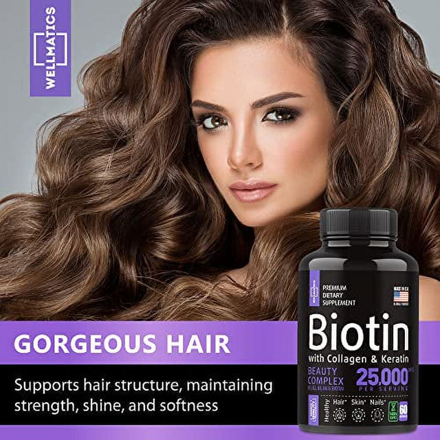 Biotin Capsules with Collagen and Keratin - 25000MCG per Serving - Biotin Vitamins for Hair, Skin and Nails - Premium Biotin Supplement for Hair Growth for Women and Men - Metabolism Support - 60 Caps