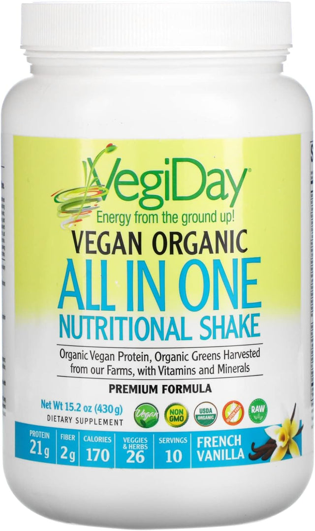 Natural Factors, Vegiday Vegan Organic All in One Shake & Go Raw Vegan Protein with Organic Superfoods, French Vanilla, 15.2 Oz