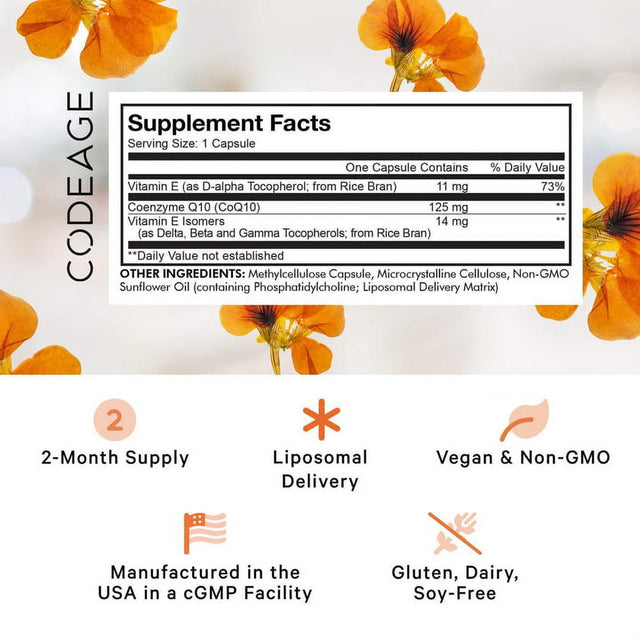 Codeage Liposomal Coq10, Vitamin E Tocopherols & 125 Mg Coenzyme Q10, Cardiovascular Support, 60 Ct