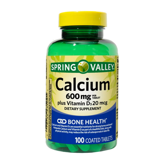 Spring Valley Calcium plus Vitamin D Tablets Dietary Supplement, 600 Mg, 100 Count