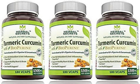 Herbal Secrets Turmeric Curcumin with Bioperine Dietary Supplement 1500 Mg per Serving, 180 Veggie Capsules (Non-Gmo) - Pack of 3 - Supports Healthy Heart & Brain Function