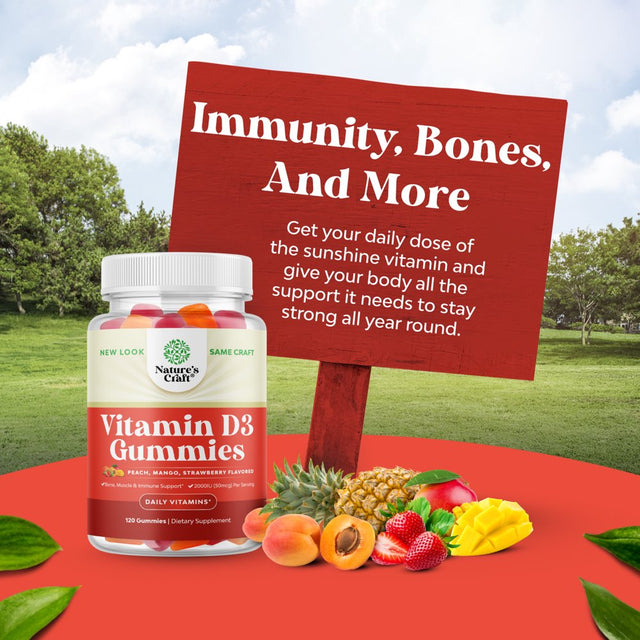 Chewable Vitamin D Gummies for Adults - Delicious Daily 2000IU per Serving Vitamins for Adults Immune Support plus Muscle and Bone Health - Gluten and Gelatin Free Non-Gmo Fruit Flavors 120 Gummies