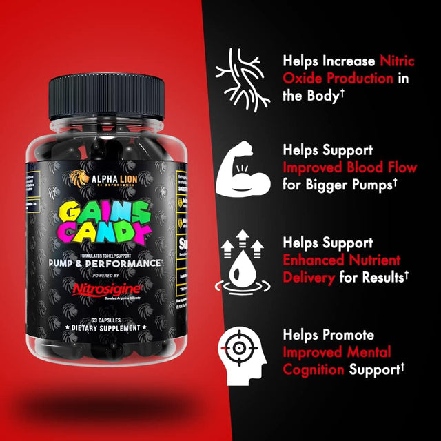 ALPHA LION Gains Candy, Supplement Pills for Muscle Pump & Blood Flow, Nitric Oxide Booster, Supports Mental Focus, Use Daily to Upgrade Workout Performance, 63 Capsules (Nitrosigine)