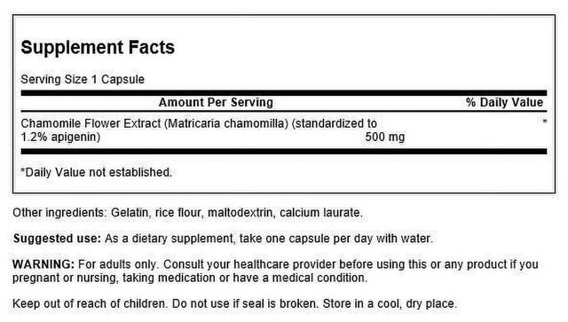 Swanson Chamomile Flower Extract - Chamomile Supplement Promoting Stress, Relaxation and Mood Support - 1% Apigenin Concentration - Helps Calm Body and Mind - (60 Capsules, 500Mg Each)