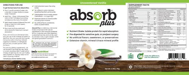 Absorb plus Isolate Protein - Diet Supplement for Improved Gut Health, Extra Nutritional Support, All Natural Ingredients, Non-Gmo, Gluten-Free, Lactose-Free, Casein-Free, Unsweetened Vanilla, 1Kg