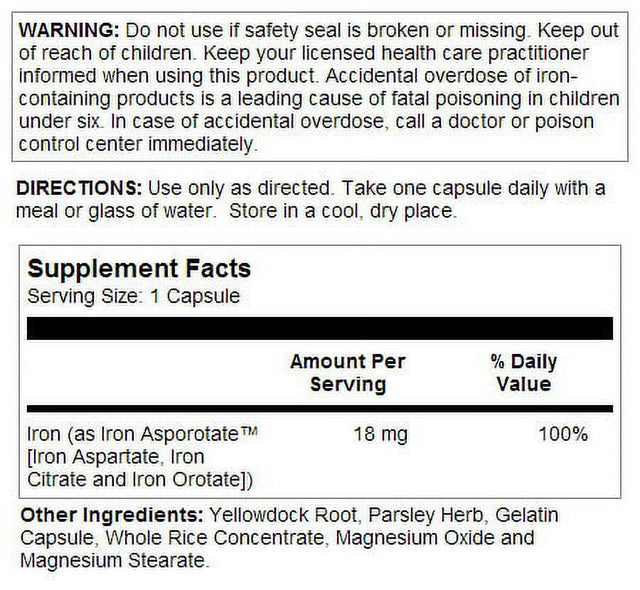 Solaray Iron Asporotate 18 Mg Capsules, 100 Ct