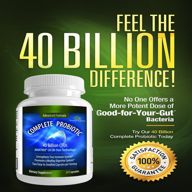 Pinnacle Nutrition 40 Billion Cfus Probiotics - Lactobacillus Acidophilus Premium Digestive Supplement to Reduce Gas, Bloating, & Constipation in Men, Women. 60 Capsules, Moneyback Guarantee Included