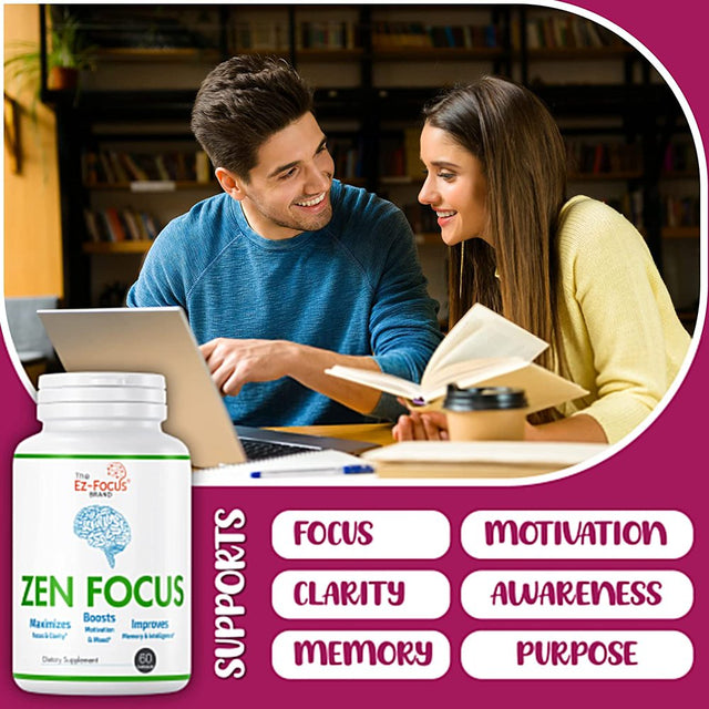 Zen Focus Brain Focus Supplement for Daily Complete Multivitamins for Men & Women, Brain Booster Supplements for Memory Focus & Clarity Nootropic Brain Function Booster 60 Pills