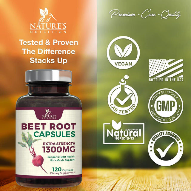 Beet Root Capsules - 1300Mg Extra Strength, Natural Beetroot Powder Extract - Nitric Oxide Supports Heart Health, Endurance & Energy - Vegan Herbal Extract Supplement - Nongmo - 120 Capsules