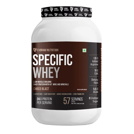 Evoraw Nutrition Specific Whey (Choco - 57 Servings, 2 Kg) 24Gm Protein, 1.5Gm of Added L-Arginine for Nitric Oxide Production & Vascularity, Bcaa, Glutamine, Supplement