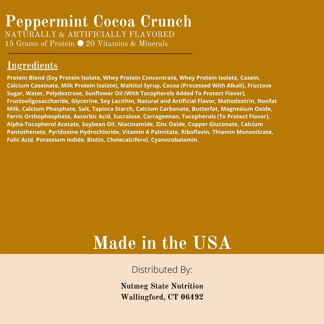 Nutmeg State Nutrition High Protein Snack and Meal Replacement Bar / Diet Bars - Peppermint Cocoa Crunch (7Ct) - Trans Fat Free, Aspartame Free, Kosher, High Fiber