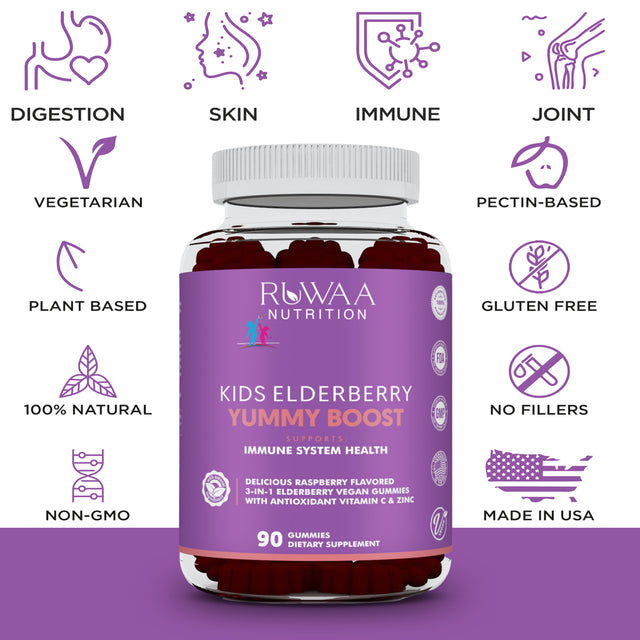 Kids Elderberry Gummies with Zinc and Vitamin C, Kids Immune Support Vitamins, Children'S Immunity Booster, Vegan, Gluten Free, Dietary Supplements - 90 Gummies - Ruwaa Nutrition Yummy Boost