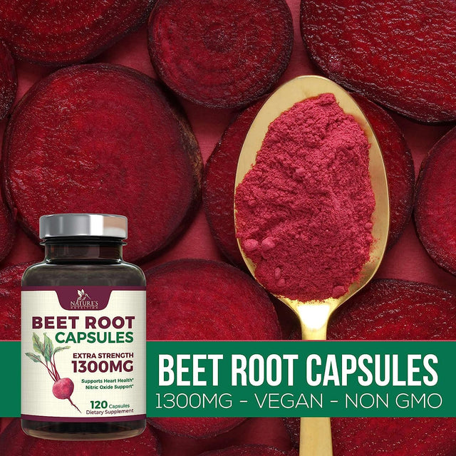 Beet Root Capsules - 1300Mg Extra Strength, Natural Beetroot Powder Extract - Nitric Oxide Supports Heart Health, Endurance & Energy - Vegan Herbal Extract Supplement - Nongmo - 120 Capsules