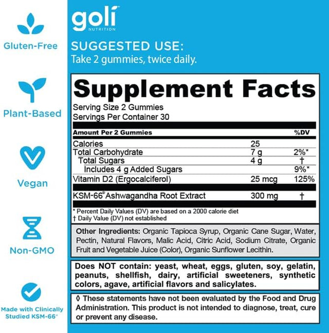 Goli Nutrition Ashwagandha Gummies, Mixed Berry Flavor, 60 Count, Stress Supplement