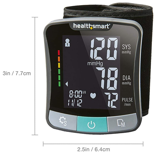 Healthsmart Digital Premium Wrist Blood Pressure Monitor with Cuff That Measures Pulse Heartbeat and High or Low BP, 120 Reading Memory Stores up to 60 Readings for 2 Users