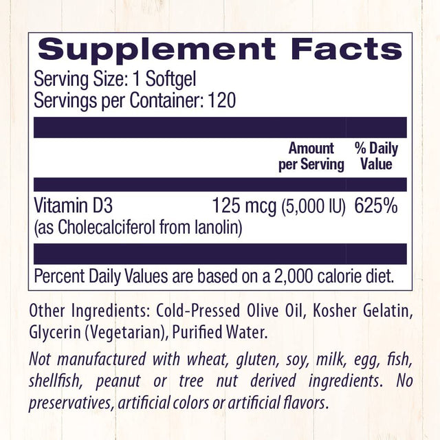 Healthy Origins Vitamin D3 5,000 IU (Non-Gmo, High Potency, Bone Support, Immune Support, Gluten Free), 120 Softgels