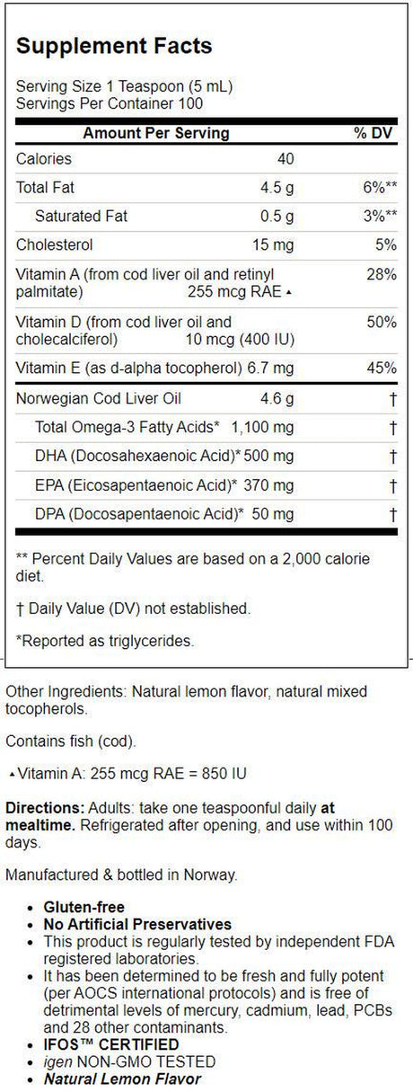 Carlson Wild Norwegian Liquid Cod Liver Oil, 1100 Mg Omega-3S, 16.9 Fl Oz, Lemon