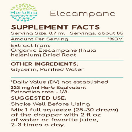 Elecampane Alcohol-Free Herbal Extract Tincture, Super-Concentrated Organic Elecampane (Inula Helenium) Dried Root 2 Oz