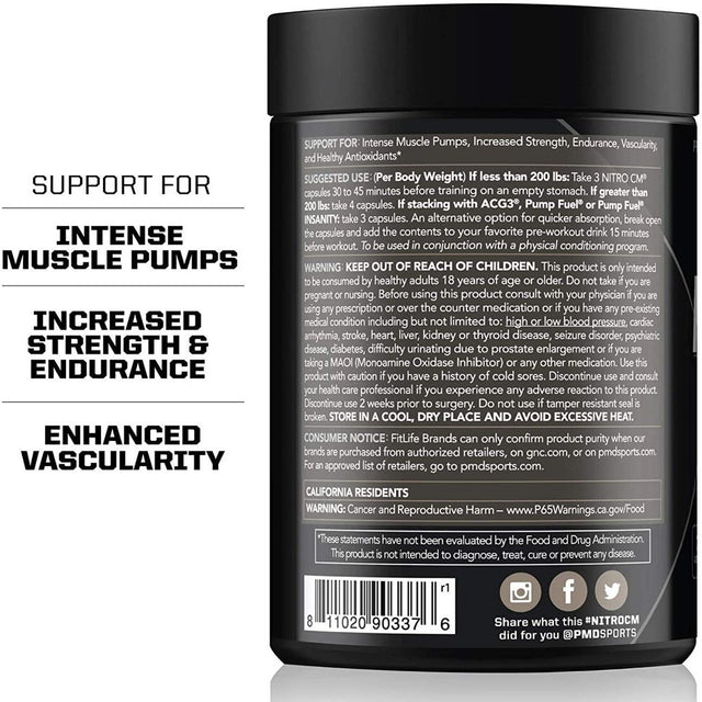 PMD Sports Nitro Cm - Nitric Oxide with Agmatine Pre Workout Supplement - Muscle Growth Pre-Workout with L Arginine - Endurance Boost for Hardcore Exercise, Training, and Bodybuilding - (90 Capsules)