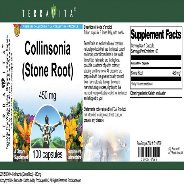 Terravita Collinsonia (Stone Root) - 450 Mg, (100 Capsules, 1-Pack, Zin: 510769)