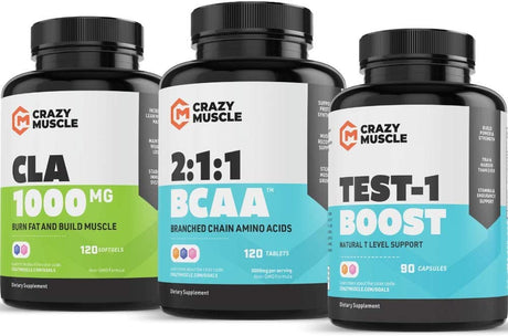 Crazy Muscle Support Stack: Test1 Boost, BCAA, and CLA Supplement Combo - 30 Day Supply