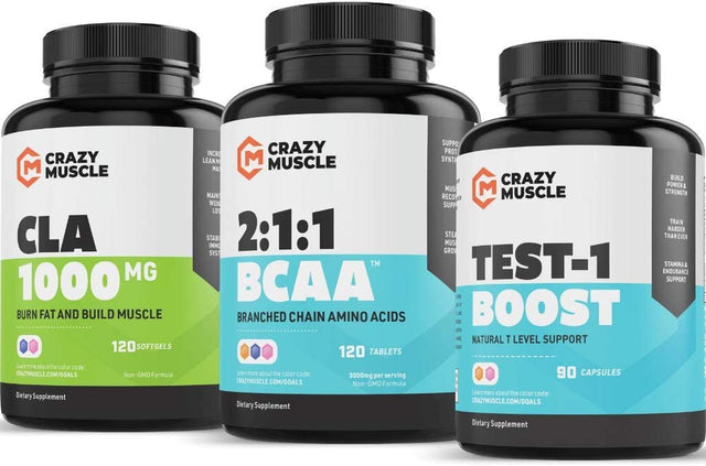 Crazy Muscle Support Stack: Test1 Boost, BCAA, and CLA Supplement Combo - 30 Day Supply