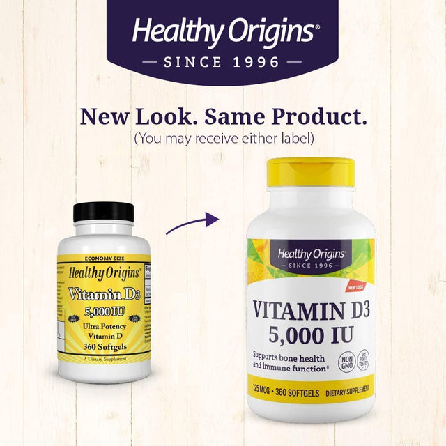 Healthy Origins Vitamin D3 5,000 IU (Non-Gmo, High Potency, Bone Support, Immune Support, Gluten Free), 360 Softgels