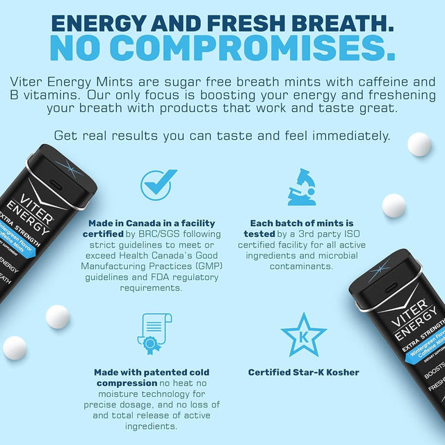 Viter Energy Extra Strength Caffeine Mints All 3 Flavors 6 Pack Bundle for 18 Total Packs - 80Mg Caffeine, B Vitamins, Sugar Free, Vegan, Powerful Energy Booster for Focus and Alertness