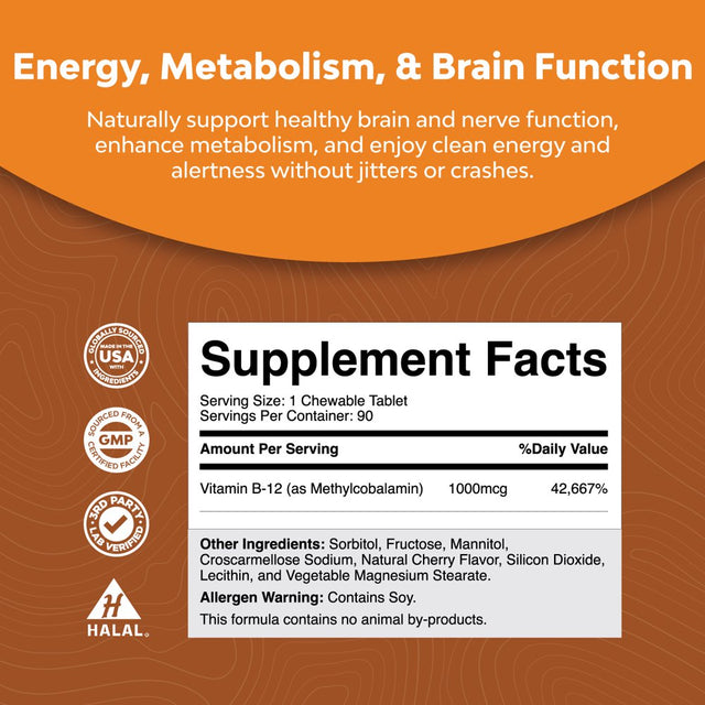 Chewable Vitamin B12 1000 Mcg per Serving - Cherry Flavor Methyl B12 Vitamins for Brain Support, Energy & Metabolism Boost 90Ct Tablets