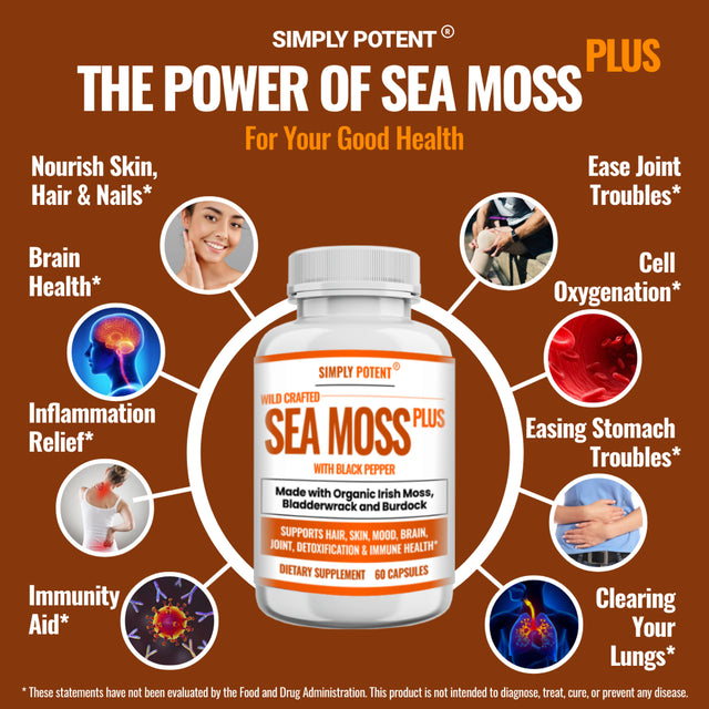 Sea Moss Supplement with Black Pepper, 60 Capsules Made with Organic Irish Moss, Bladderwrack and Burdock for Immune System & Digestive Health - Thyroid, Healthy Skin, Keto Detox, Gut, Joint Support