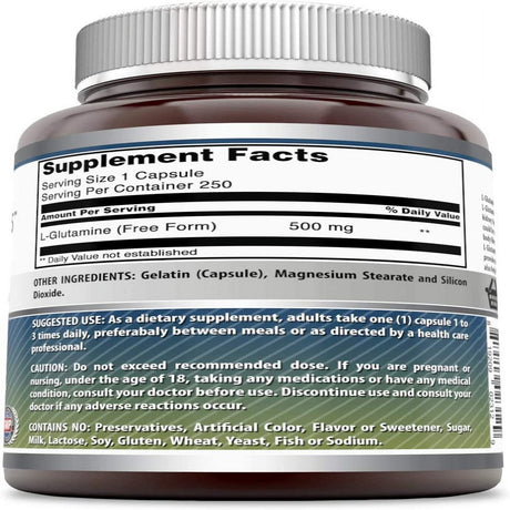 Amazing Formulas L-Glutamine 500Mg 250 Capsules Supplement , Non-Gmo , Gluten Free , Made in USA