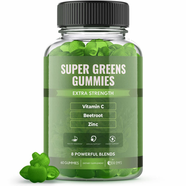 Dr. Emy'S Super Greens Gummies 8 Powerful Blends Support Healthy Digestion & Immune Support Gummy Supplement Super Food for Kids & Adults Vegan Natural Rasberry Flavor Daily Vitamin 60 Ct Each