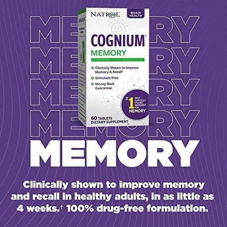 Natrol Cognium Memory Tablets, Brain Health Support Supplement, Keeps Memory Strong, Clinically Shown to Improve Memory and Recall in Healthy Adults, Safe and Stimulant Free, 100Mg, 60 Tablets