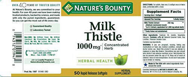 Nature'S Bounty Milk Thistle, Herbal Health Supplement, Supports Liver Health, 1000 Mg, 50 Softgels