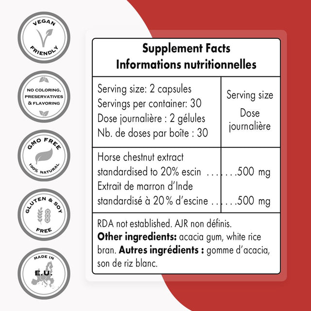 Supersmart - Horse Chestnut Extract 500 Mg per Day - 20% Aescin - Circulation & Vein Support Supplements - Natural Diuretic for Heavy Legs | Non-Gmo & Gluten Free - 60 Vegetarian Capsules