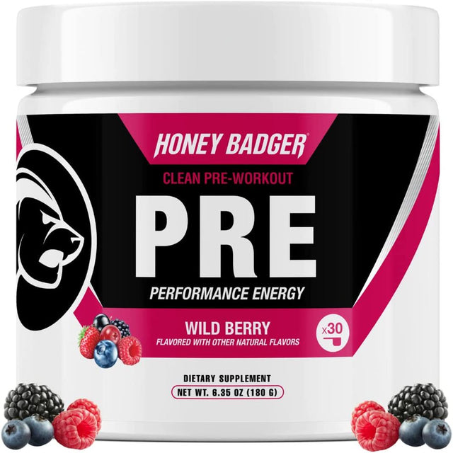 Honey Badger Pre Workout Powder, Keto Vegan Preworkout for Men & Women with Vitamin C for Immune Support, Beta Alanine & Caffeine, Sugar Free Natural Energy Supplement, Wild Berry, 30 Servings