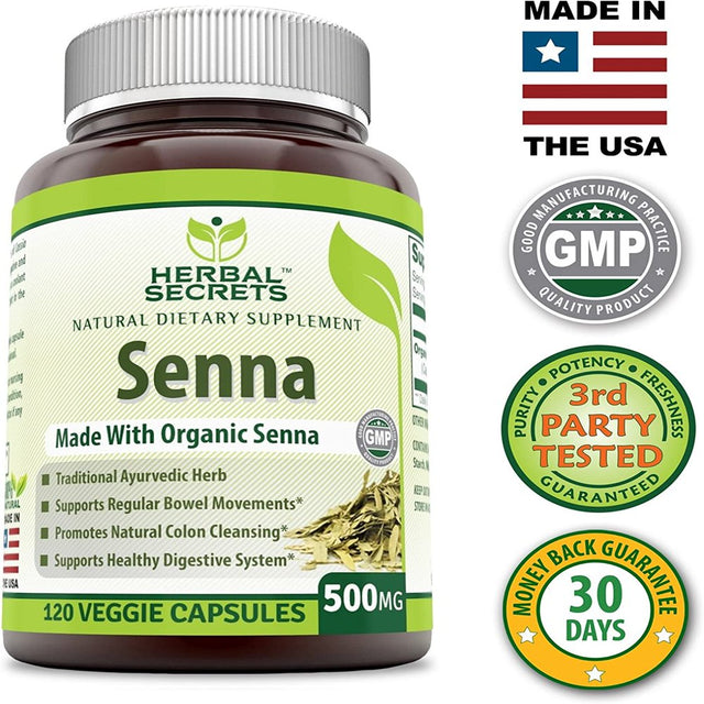 Herbal Secrets Natural Senna 500 Mg per Serving 120 Veggie Capsules | Non-Gmo | Gluten Free | Made in USA | Suitable for Vegetarian