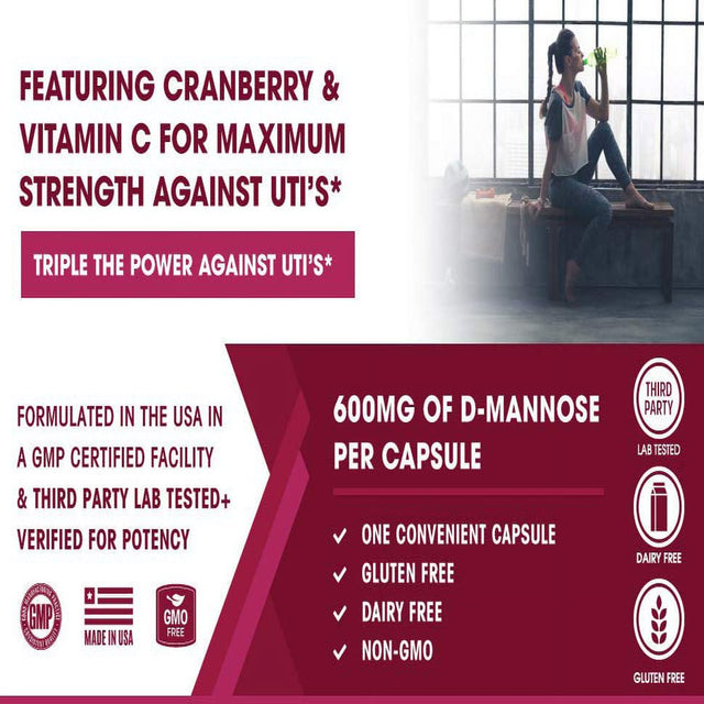 D Mannose with Cranberry Extract and Vitamin C | Urinary Tract Health - UTI Protection - Flush Impurities - Immune System | Non GMO | 60 Veg Capsules