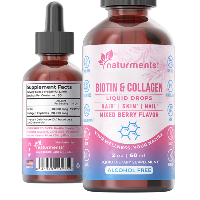 Naturments Biotin & Collagen Liquid Supplement: Strong Hair, Skin, Nail, Joints Support-Liquid Biotin & Collagen for Healthy Hair Growth for Men & Women Non-Gmo, Alcohol-Free, Sugar-Free 2 Fl Oz- 60Ml