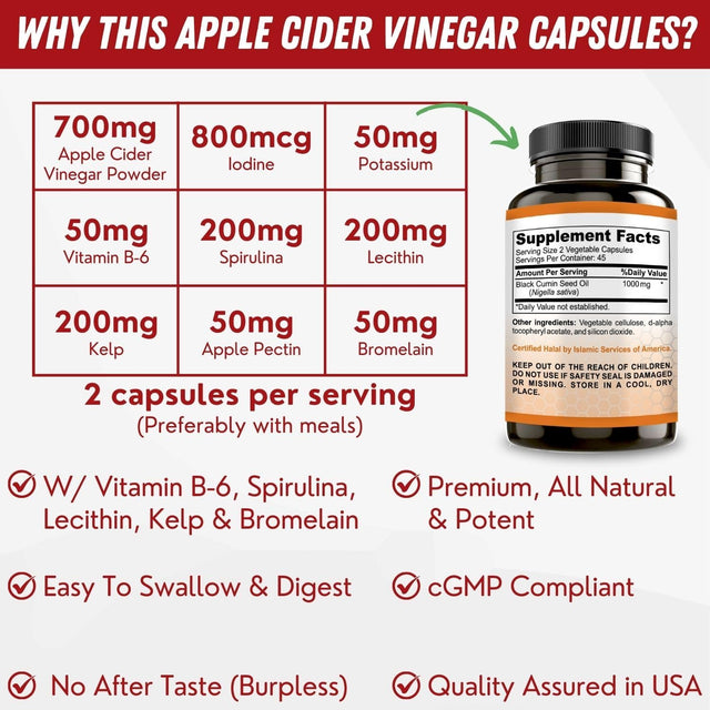 Apple Cider Vinegar Capsules for Women and Men by SHIFAA Nutrition - These Gluten Free Keto Pills Support Digestion, Metabolism & Immune System, Heart Health - Halal - 700 MG 45 Servings