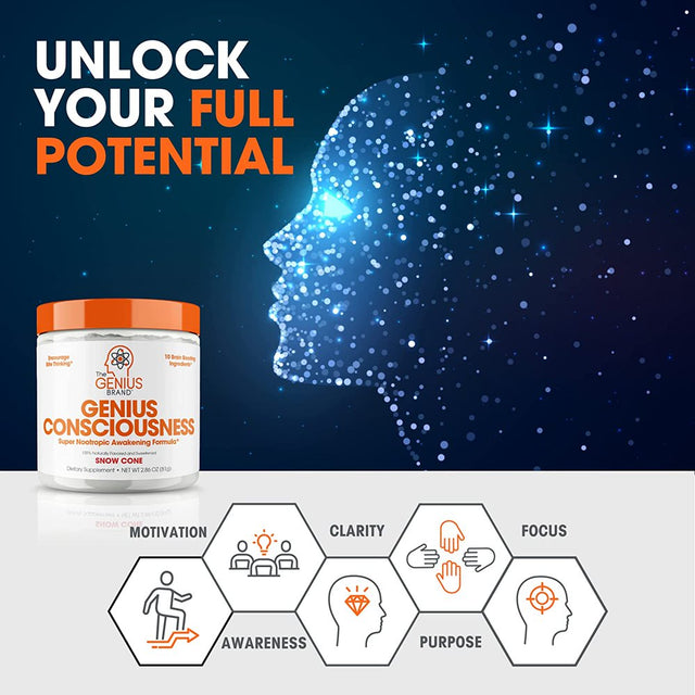 Nootropic Brain Supplement Powder - Boost Focus, Cognitive Function & Memory Booster, Snow Cone, Genius Consciousness by the Genius Brand