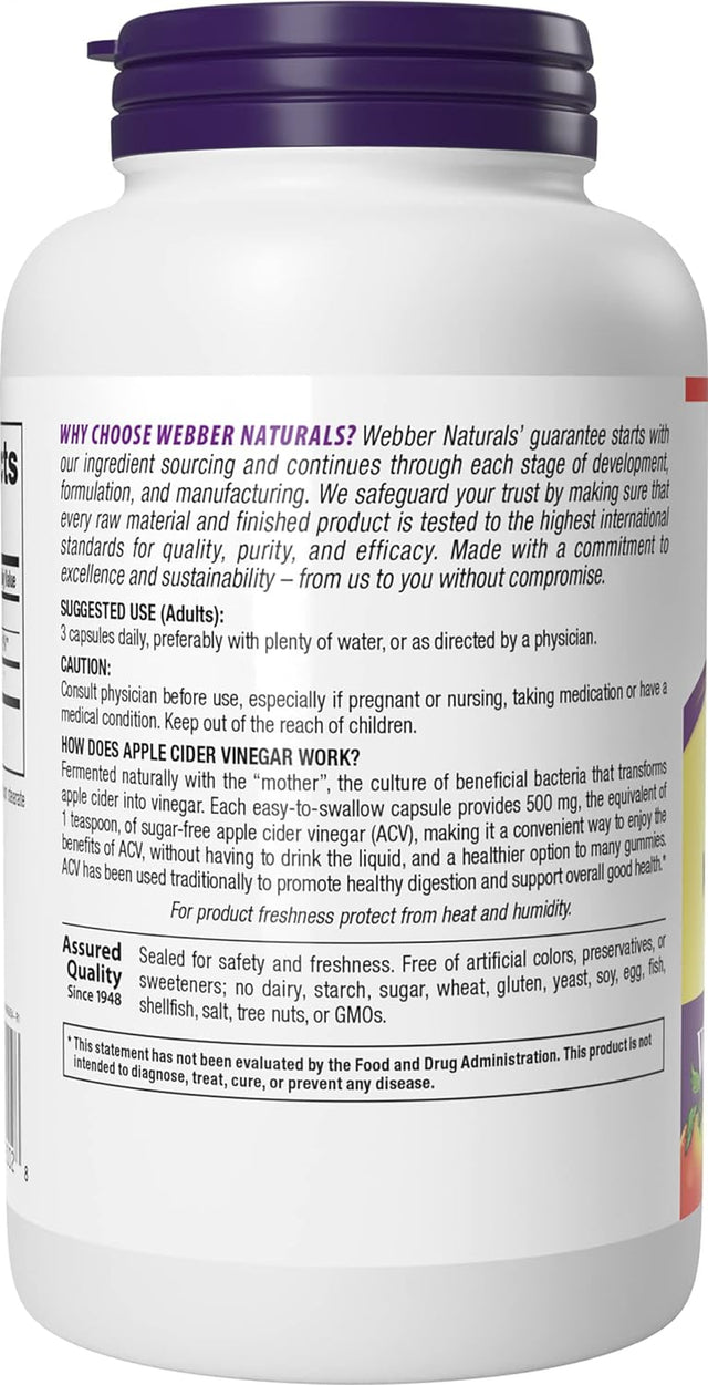 Webber Naturals Apple Cider Vinegar Pills, 1,500 Mg per Serving, High Potency, 240 Capsules, Natural Digestion, Metabolism, Weight & Detox Support, Non-Gmo, Gluten, Dairy & Sugar Free