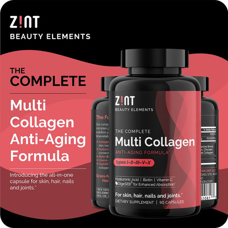 Zint Multi Collagen Pills - Collagen Supplements for Hair, Skin, Nails & Joint Health - Hydrolyzed Collagen Supplement with Type I, II, III, V, X Collagen Peptides, 90 Count