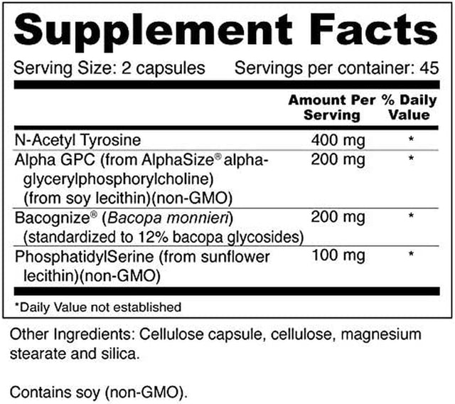 Wellness Resources Super Brain Booster with Phosphatidylserine, N-Acetyl Tyrosine, Alpha GPC and Bacopa for Mental Clarity, Focus and Memory (90 Capsules)