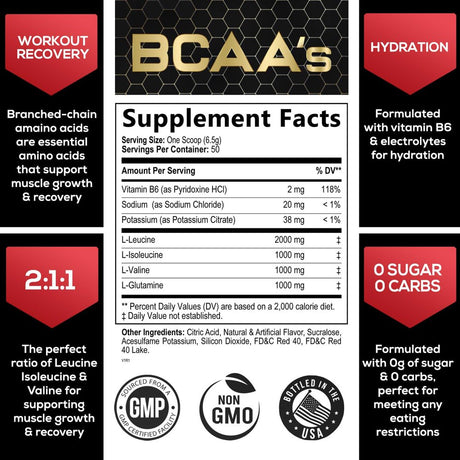 BCAA Powder - Post Workout Muscle Recovery Support Supplement, Pre Workout Energy 2:1:1 with Essential Amino Acids, Keto, Sugar-Free, 4G Bcaas plus 1G Glutamine per Serving, Watermelon - 50 Servings