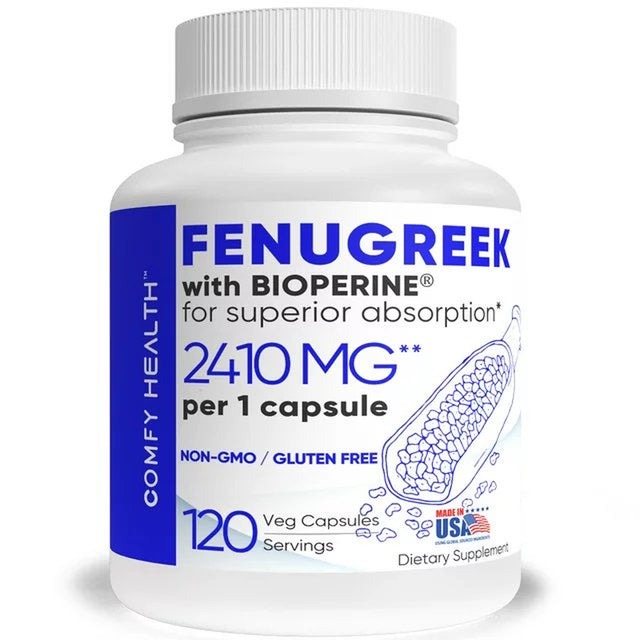 COMFY HEALTH Fenugreek Capsules, 2410Mg per Capsule, 120 Count, Fenugreek Pills with Bioperine for Superior Absorption, Non-Gmo, Gluten Free Fenugreek Seeds Extract Supplements, Fenogreco Capsulas