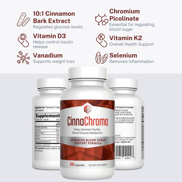 Cinnachroma Blood Sugar Support Supplement - Cinnamon Capsules with Chromium Picolinate plus Vitamin D3 and K2