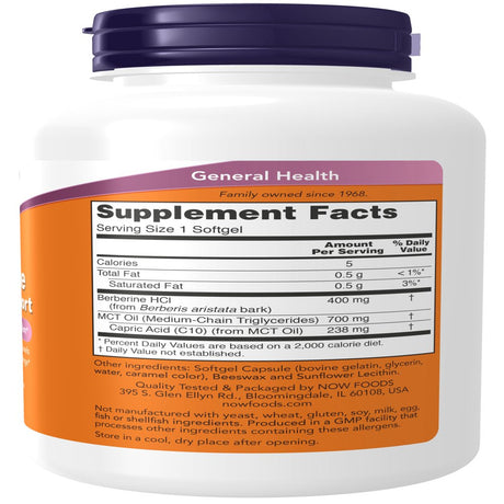 NOW Supplements, Berberine Glucose Support, Combined with MCT Oil, 60 Softgels