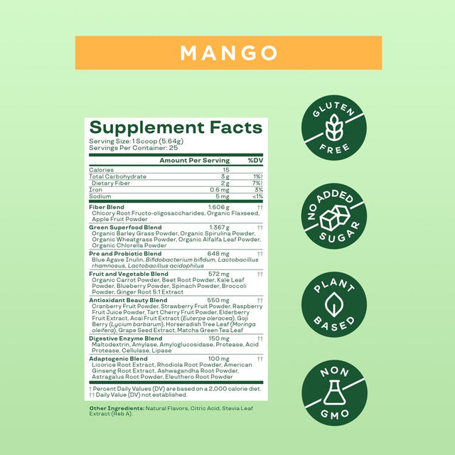 Bloom Nutrition Greens & Superfoods Powder, Mango, 25 Servings