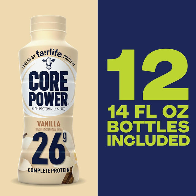 Core Power Fairlife 26G Protein Milk Shakes, Ready to Drink for Workout Recovery Liquid, Vanilla, 14 Fl Oz Bottle, Kosher (Pack of 12)